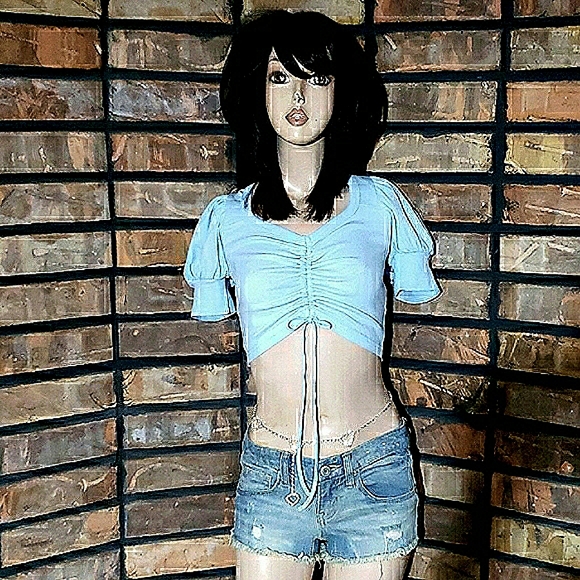 NWT,FACTORY SEALED Light Blue Ribbed Cotton Blend Cap Sleeve Drawstring Crop Top - Picture 1 of 4